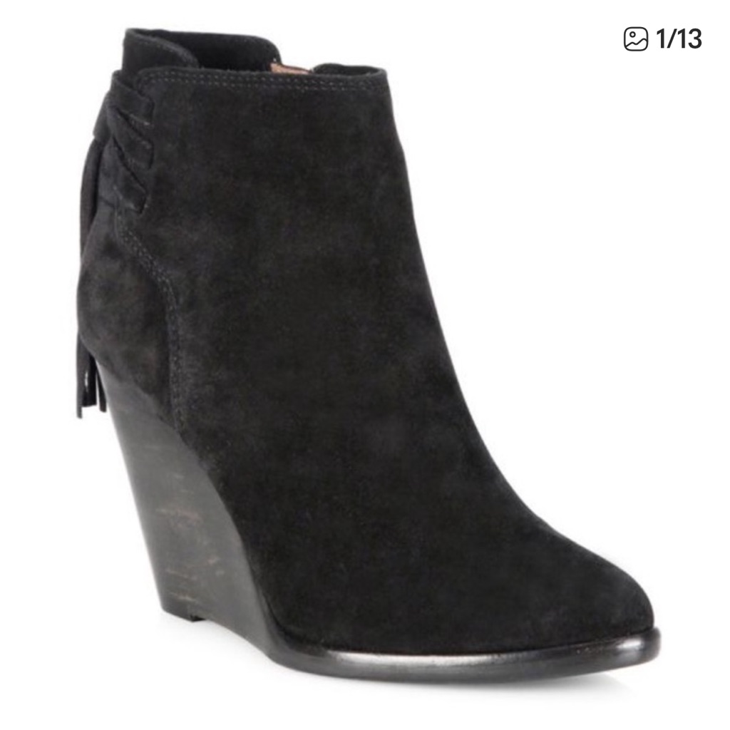 Frye Cece Tassel Lace Black Suede Wedge Heel Ankle Booties